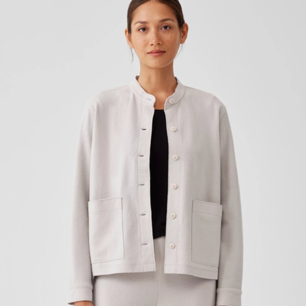 NWT $298 Eileen Fisher Chalk Boiled Wool Jersey Mandarin Collar Shirt Jacket  3X